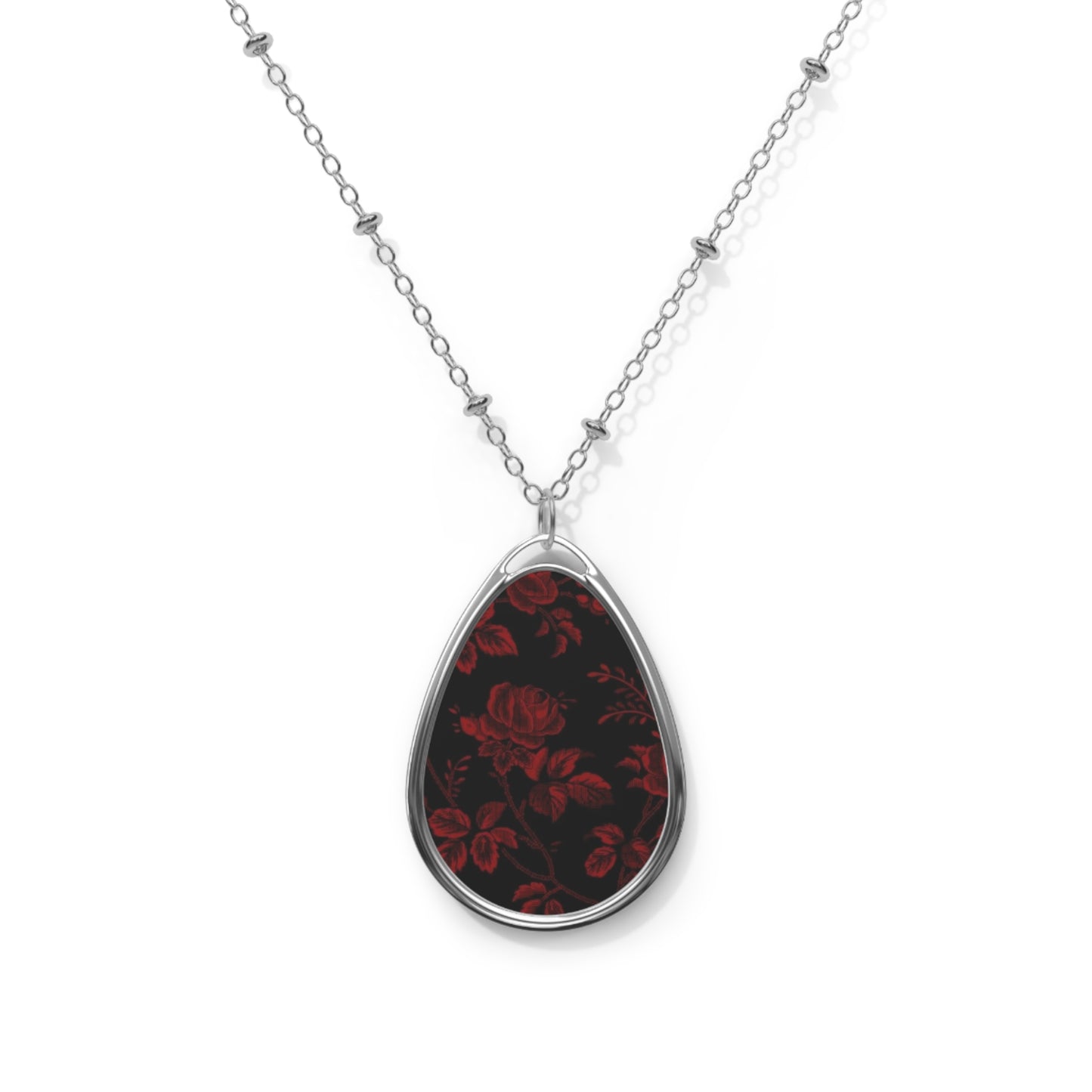 Vintage Floral Oval Necklace - Black & Red Pendant Jewelry