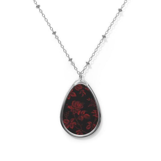 Vintage Floral Oval Necklace - Black & Red Pendant Jewelry