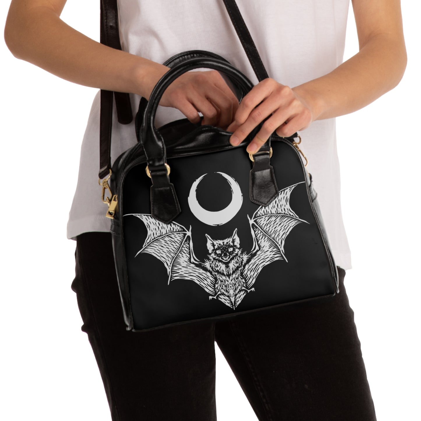 Gothic Bat Shoulder Handbag - Stylish Black Tote with Moon Design