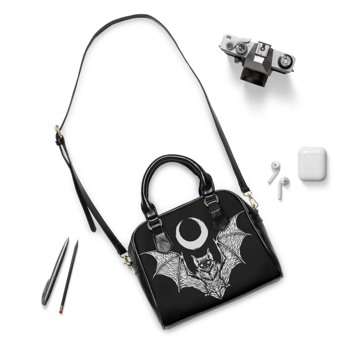 Gothic Bat Shoulder Handbag - Stylish Black Tote with Moon Design