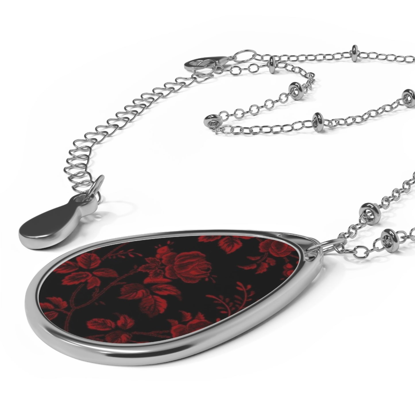 Vintage Floral Oval Necklace - Black & Red Pendant Jewelry